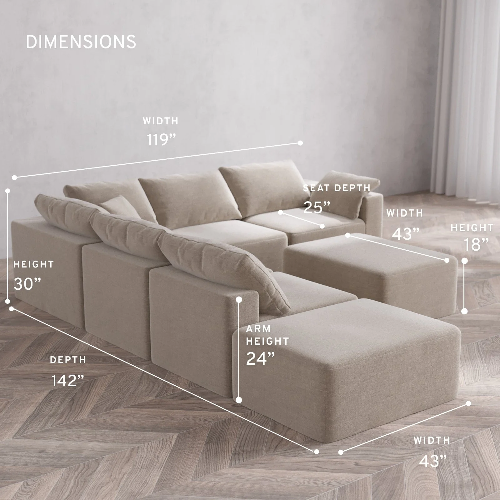 Modular Washable 6-Seater Open End Corner Sectional + Chaise Ottoman Cloud Sofa | Right-Facing Arm | Satin Velvet in Caraway - Image 5