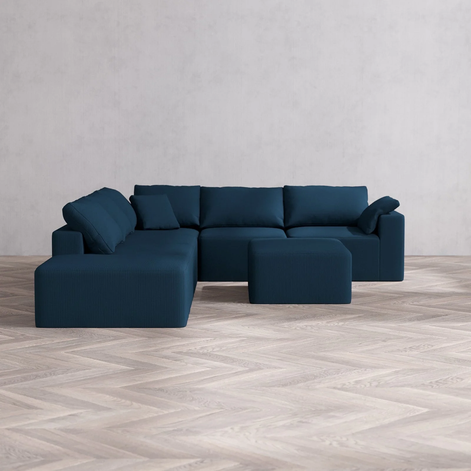 Modular Washable 6-Seater Open End Corner Sectional + Chaise Ottoman Cloud Sofa | Right-Facing Arm | Arden Weave in Lazuli