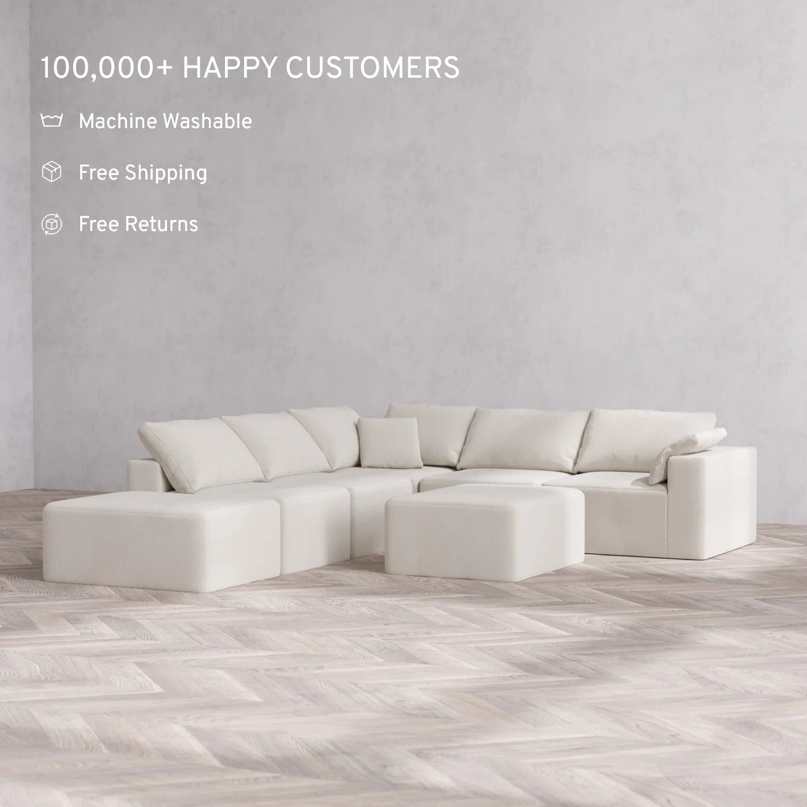 Modular Washable 6-Seater Open End Corner Sectional + Chaise Ottoman Cloud Sofa | Right-Facing Arm | Lux Weave in Pearl - Image 2