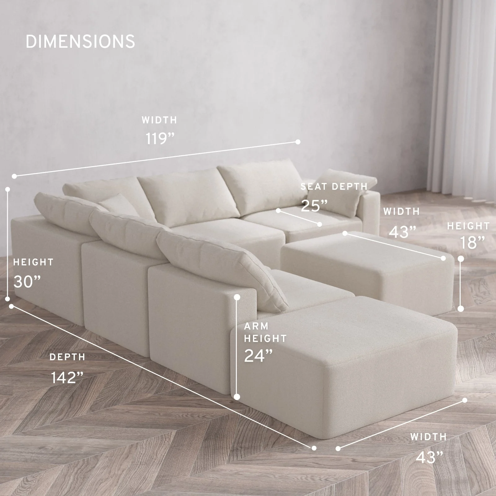 Modular Washable 6-Seater Open End Corner Sectional + Chaise Ottoman Cloud Sofa | Right-Facing Arm | Lux Weave in Pearl - Image 5