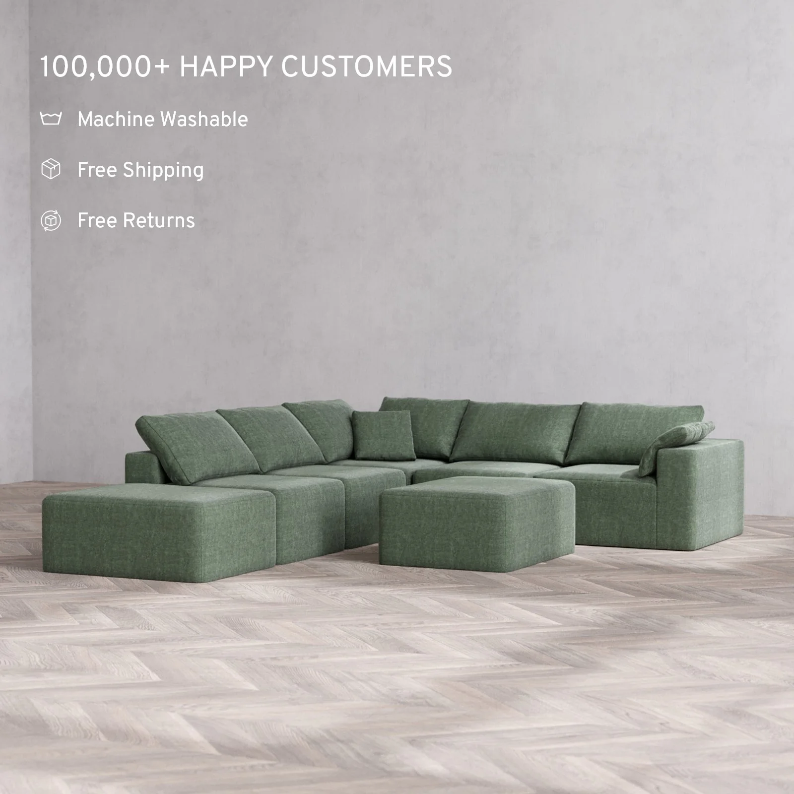 Modular Washable 6-Seater Open End Corner Sectional + Chaise Ottoman Cloud Sofa | Right-Facing Arm | Heirloom Velvet in Sage - Image 2