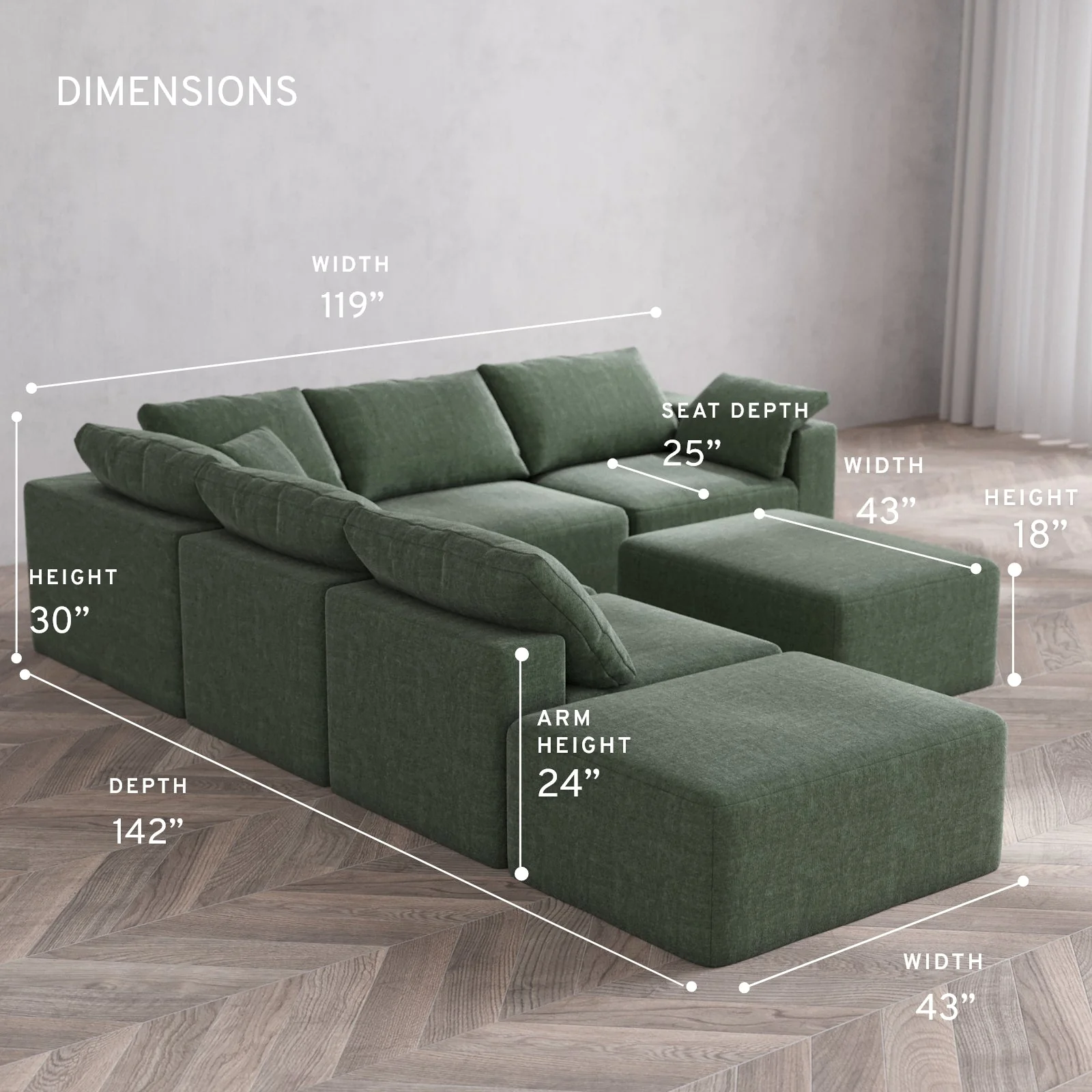 Modular Washable 6-Seater Open End Corner Sectional + Chaise Ottoman Cloud Sofa | Right-Facing Arm | Heirloom Velvet in Sage - Image 5