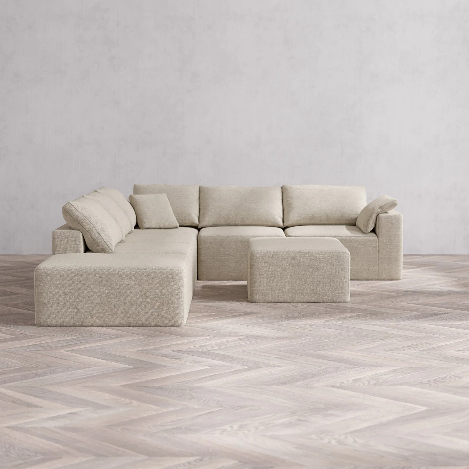 Modular Washable 6-Seater Open End Corner Sectional + Chaise Ottoman Cloud Sofa | Right-Facing Arm | Plush Twill in Sandstone