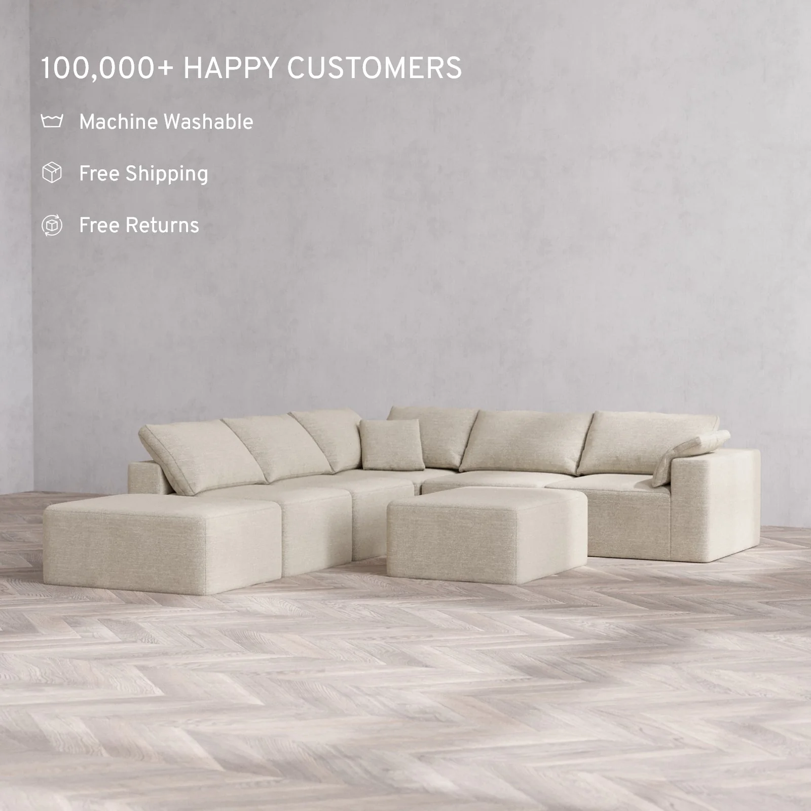 Modular Washable 6-Seater Open End Corner Sectional + Chaise Ottoman Cloud Sofa | Right-Facing Arm | Plush Twill in Sandstone - Image 2