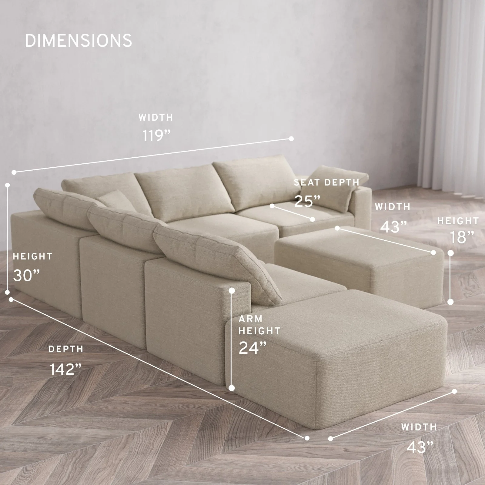 Modular Washable 6-Seater Open End Corner Sectional + Chaise Ottoman Cloud Sofa | Right-Facing Arm | Plush Twill in Sandstone - Image 5