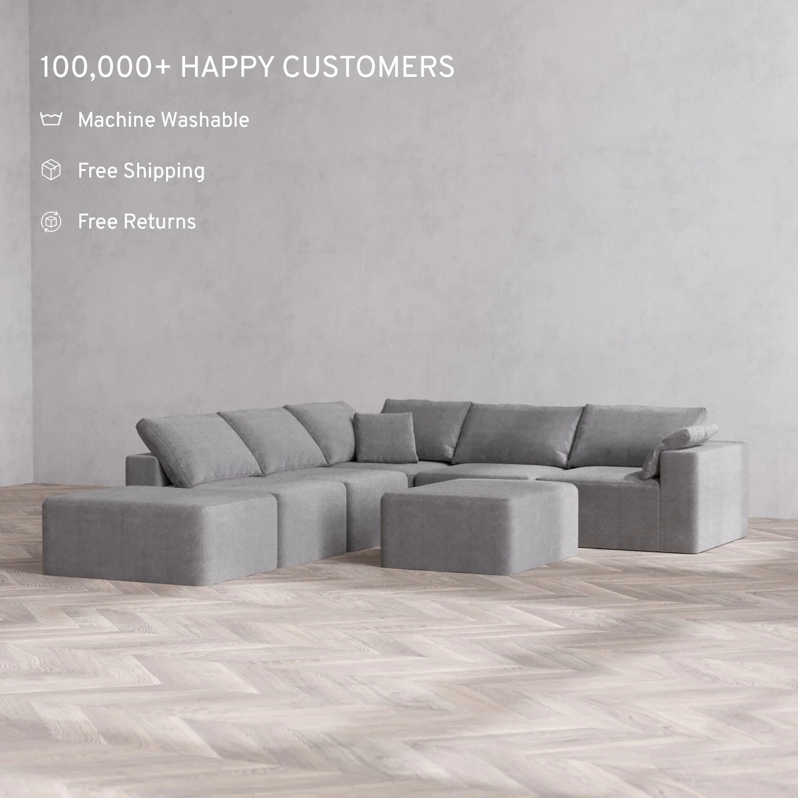 Modular Washable 6-Seater Open End Corner Sectional + Chaise Ottoman Cloud Sofa | Right-Facing Arm | Lux Weave in Slate - Image 2