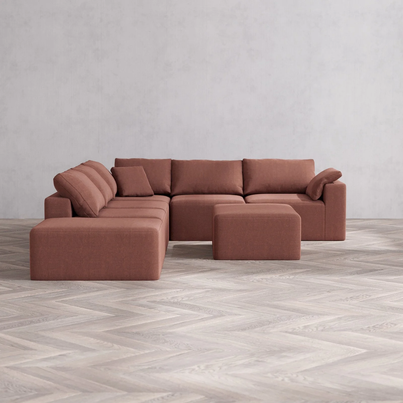 Modular Washable 6-Seater Open End Corner Sectional + Chaise Ottoman Cloud Sofa | Right-Facing Arm | Heirloom Velvet in Sumac