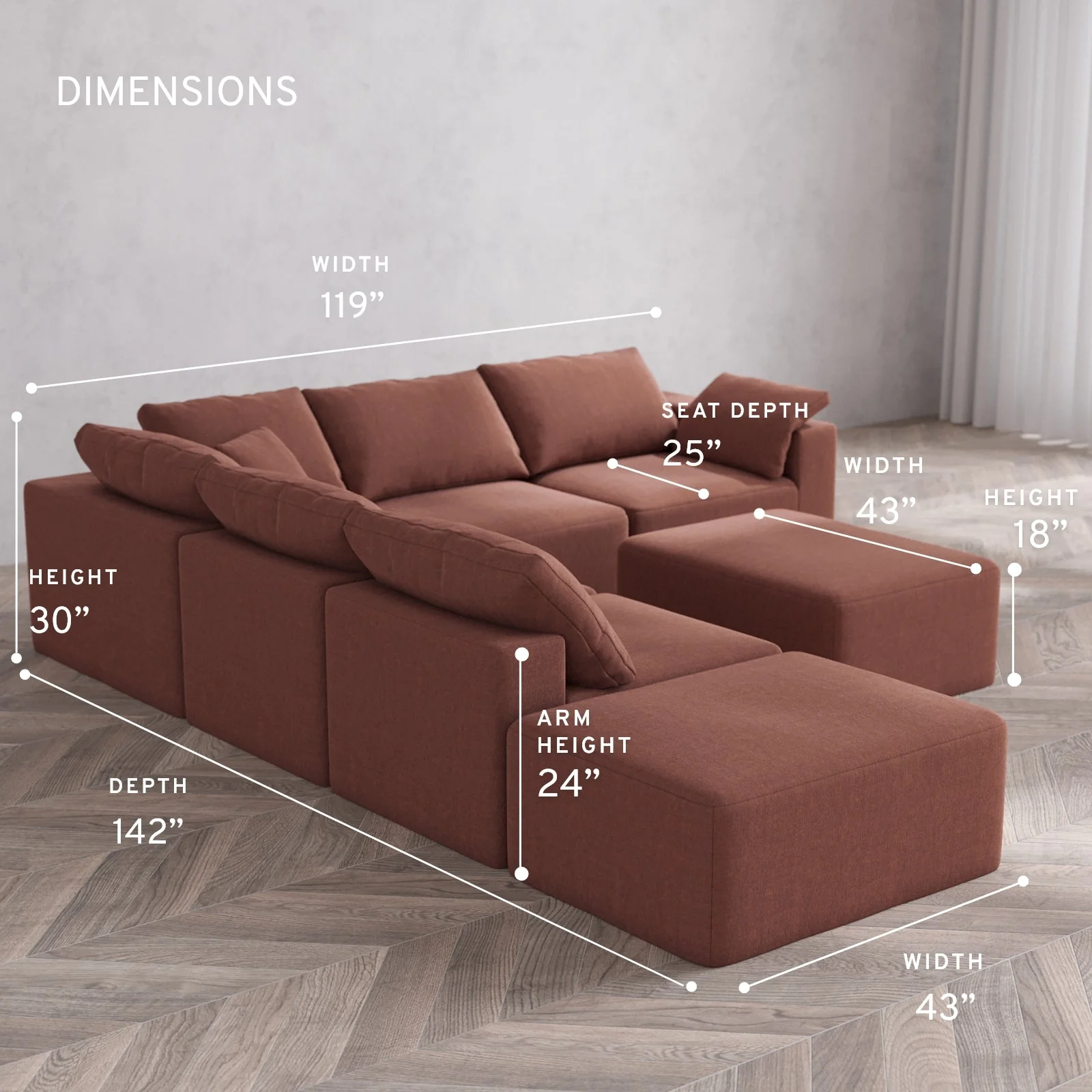 Modular Washable 6-Seater Open End Corner Sectional + Chaise Ottoman Cloud Sofa | Right-Facing Arm | Heirloom Velvet in Sumac - Image 5