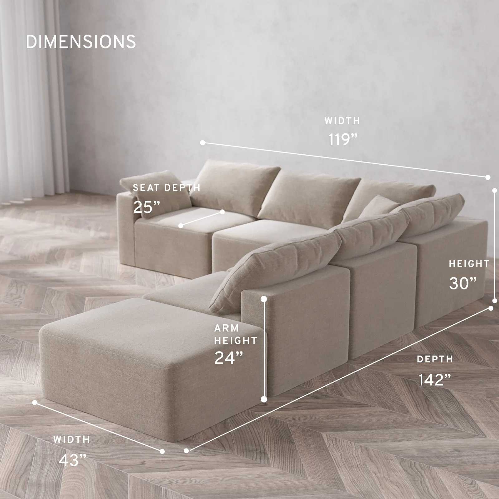 Modular Washable 6-Seater Open End Corner Sectional Cloud Sofa | Left-Facing Arm | Satin Velvet in Caraway - Image 5