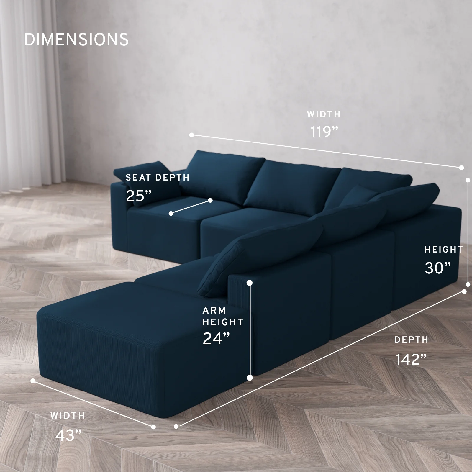 Modular Washable 6-Seater Open End Corner Sectional Cloud Sofa | Left-Facing Arm | Arden Weave in Lazuli - Image 5
