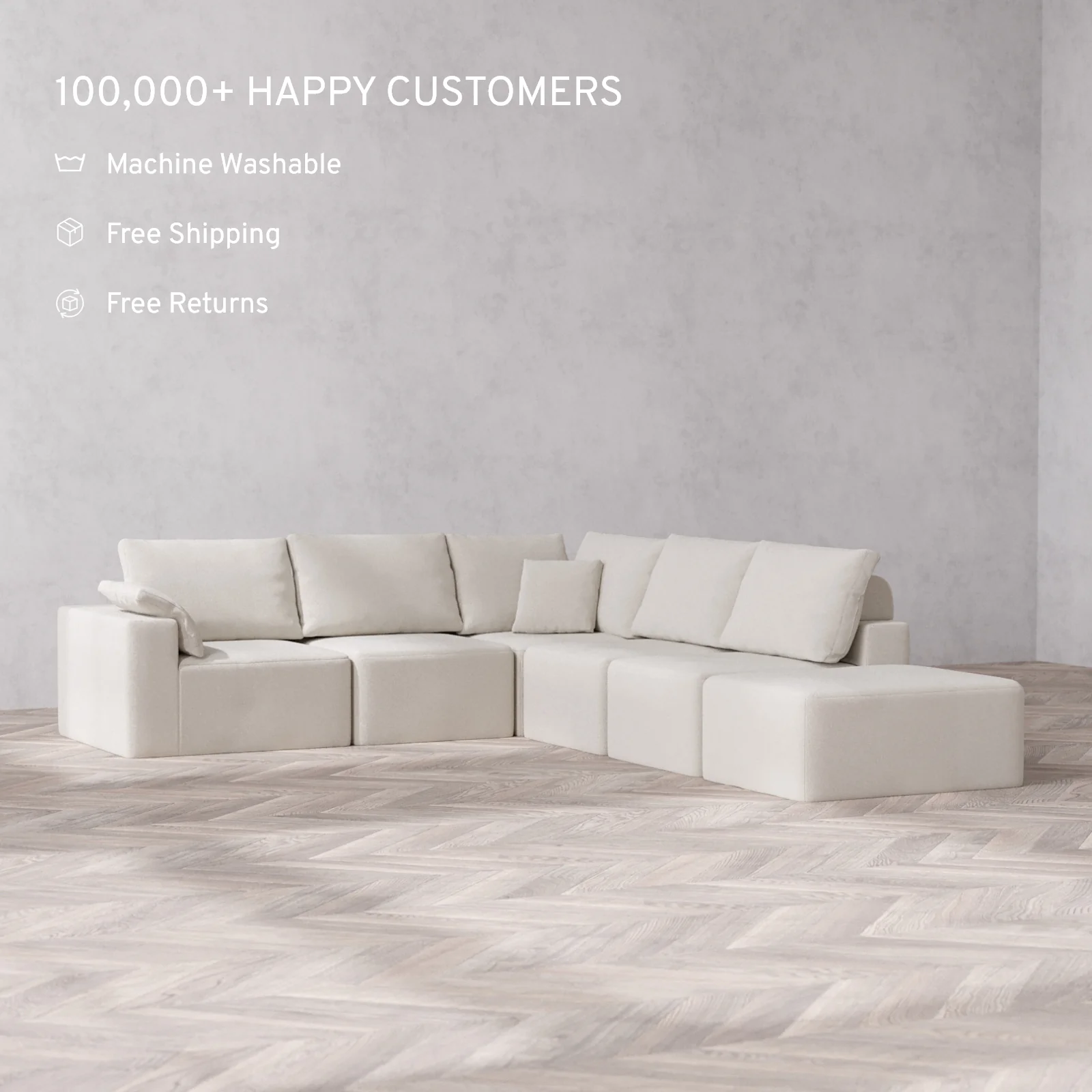 Modular Washable 6-Seater Open End Corner Sectional Cloud + Bolster Sofa | Left-Facing Arm | Lux Weave in Pearl - Image 2