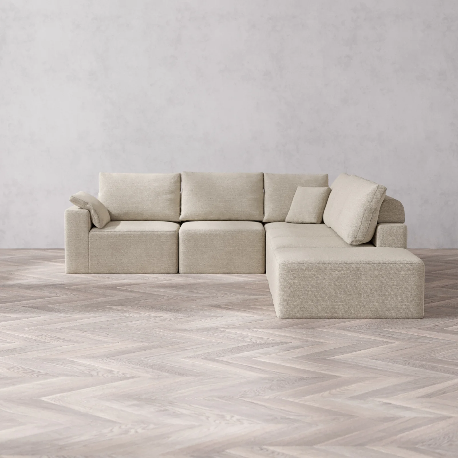 Modular Washable 6-Seater Open End Corner Sectional Cloud + Bolster Sofa | Left-Facing Arm | Plush Twill in Sandstone