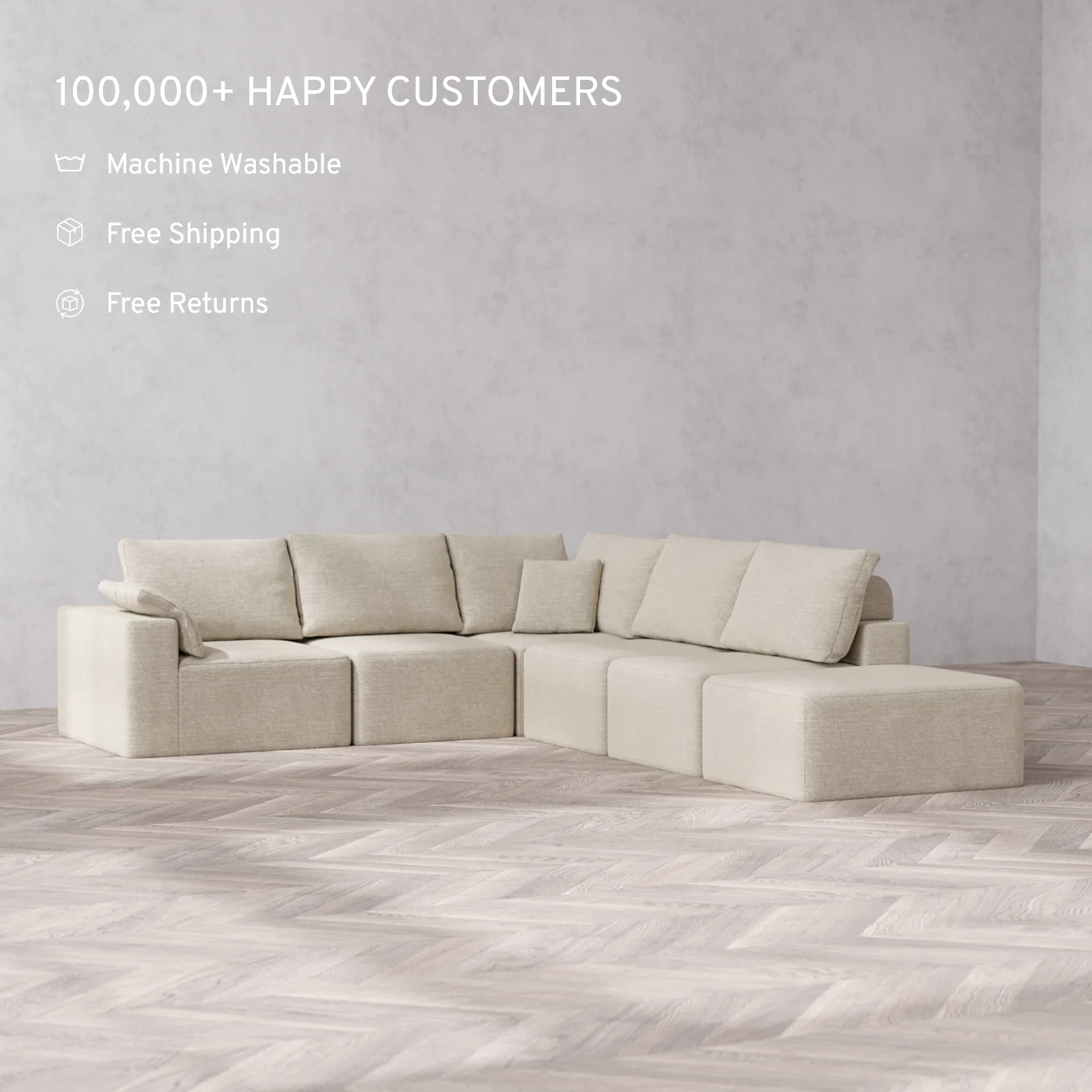 Modular Washable 6-Seater Open End Corner Sectional Cloud + Bolster Sofa | Left-Facing Arm | Plush Twill in Sandstone - Image 2
