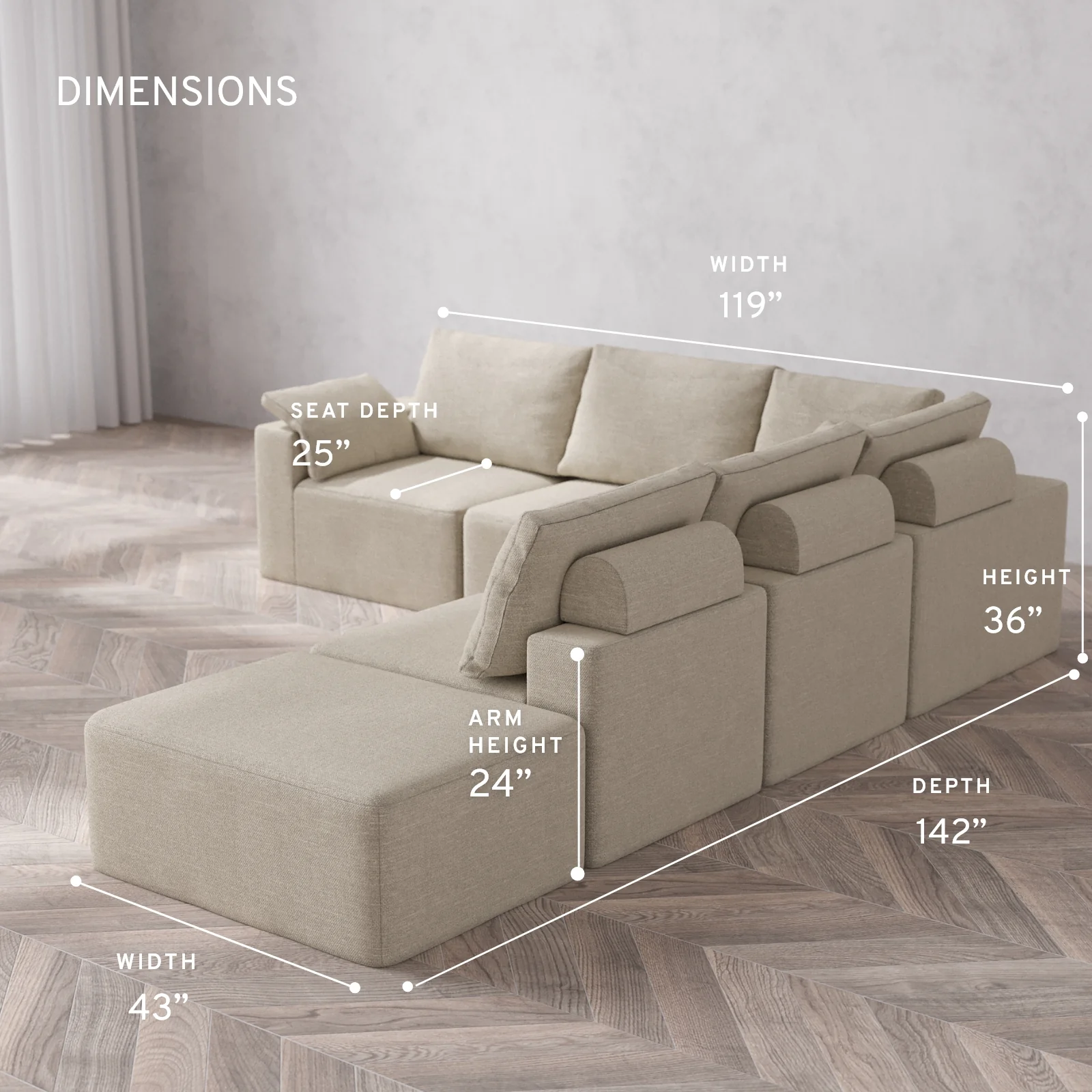 Modular Washable 6-Seater Open End Corner Sectional Cloud + Bolster Sofa | Left-Facing Arm | Plush Twill in Sandstone - Image 5