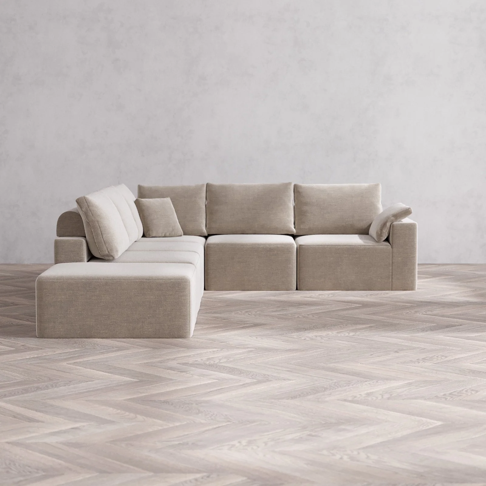 Modular Washable 6-Seater Open End Corner Sectional Cloud + Bolster Sofa | Right-Facing Arm | Satin Velvet in Caraway