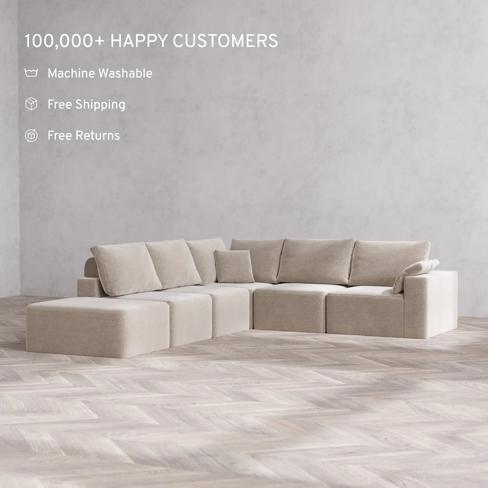 Modular Washable 6-Seater Open End Corner Sectional Cloud + Bolster Sofa | Right-Facing Arm | Satin Velvet in Caraway - Image 2