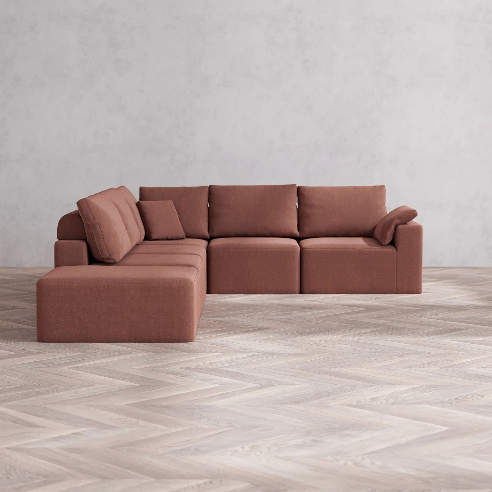 Modular Washable 6-Seater Open End Corner Sectional Cloud + Bolster Sofa | Right-Facing Arm | Heirloom Velvet in Sumac