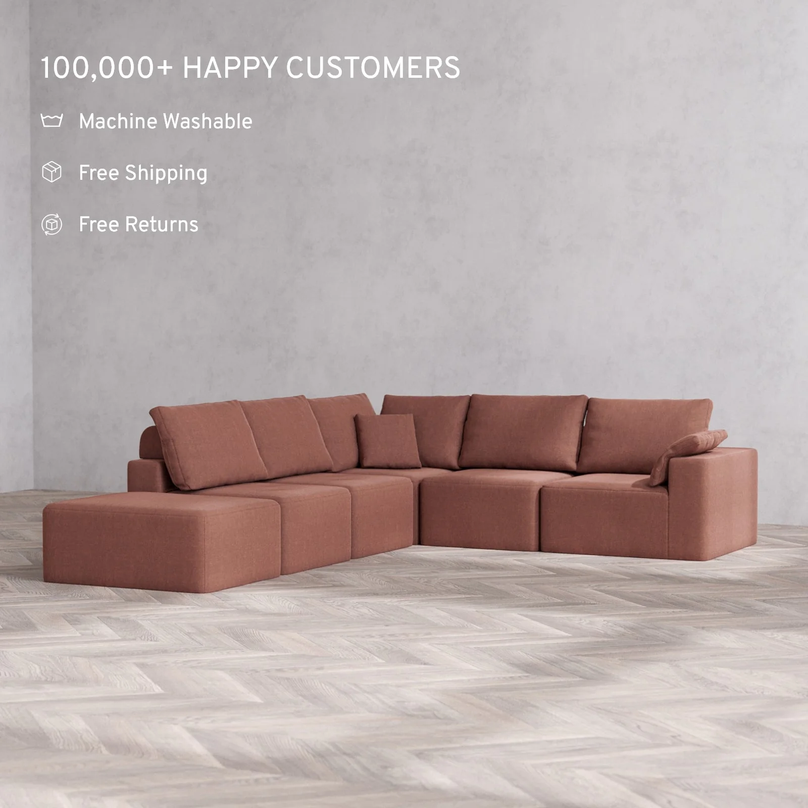Modular Washable 6-Seater Open End Corner Sectional Cloud + Bolster Sofa | Right-Facing Arm | Heirloom Velvet in Sumac - Image 2