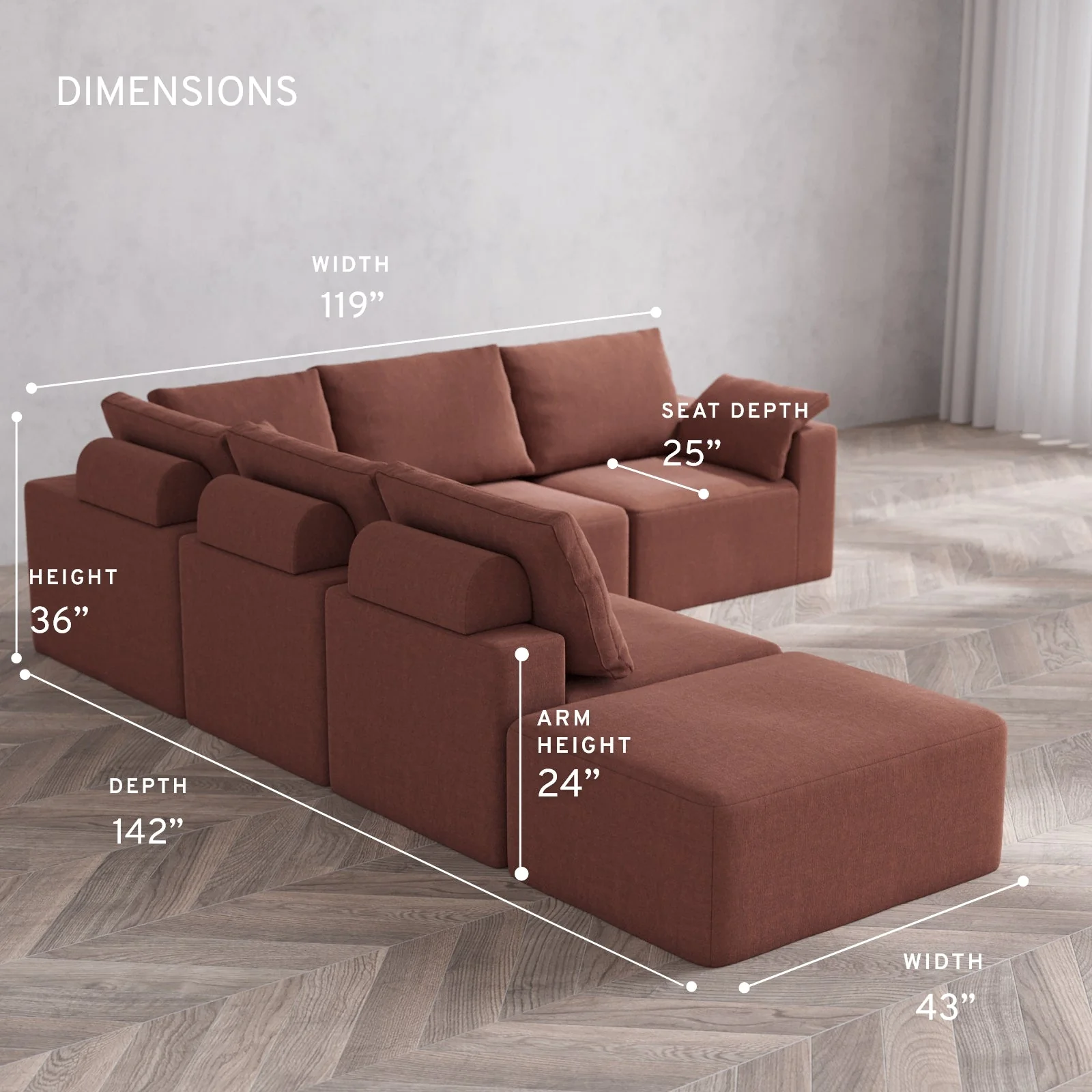 Modular Washable 6-Seater Open End Corner Sectional Cloud + Bolster Sofa | Right-Facing Arm | Heirloom Velvet in Sumac - Image 5