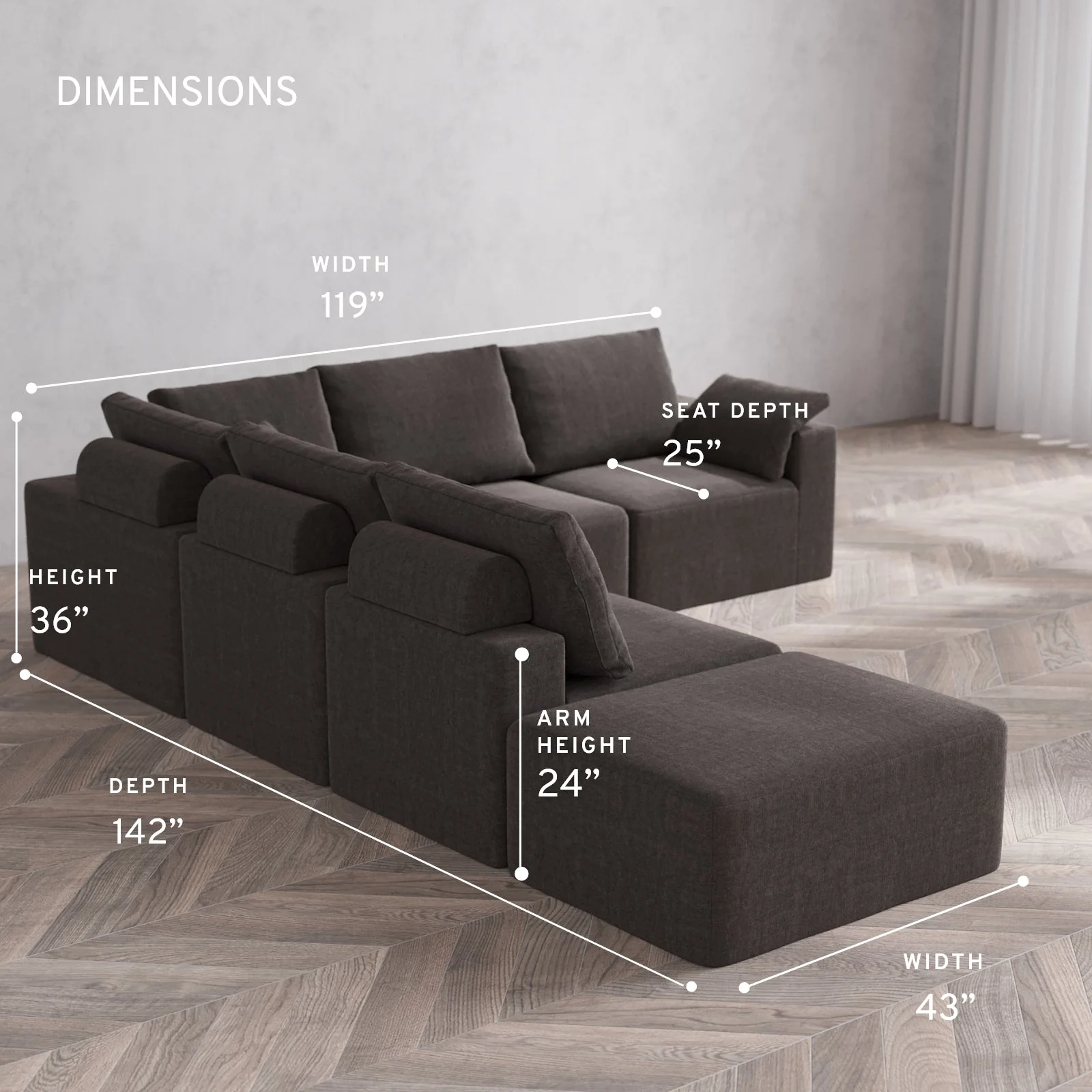 Modular Washable 6-Seater Open End Corner Sectional Cloud + Bolster Sofa | Right-Facing Arm | Heirloom Velvet in Truffle - Image 5
