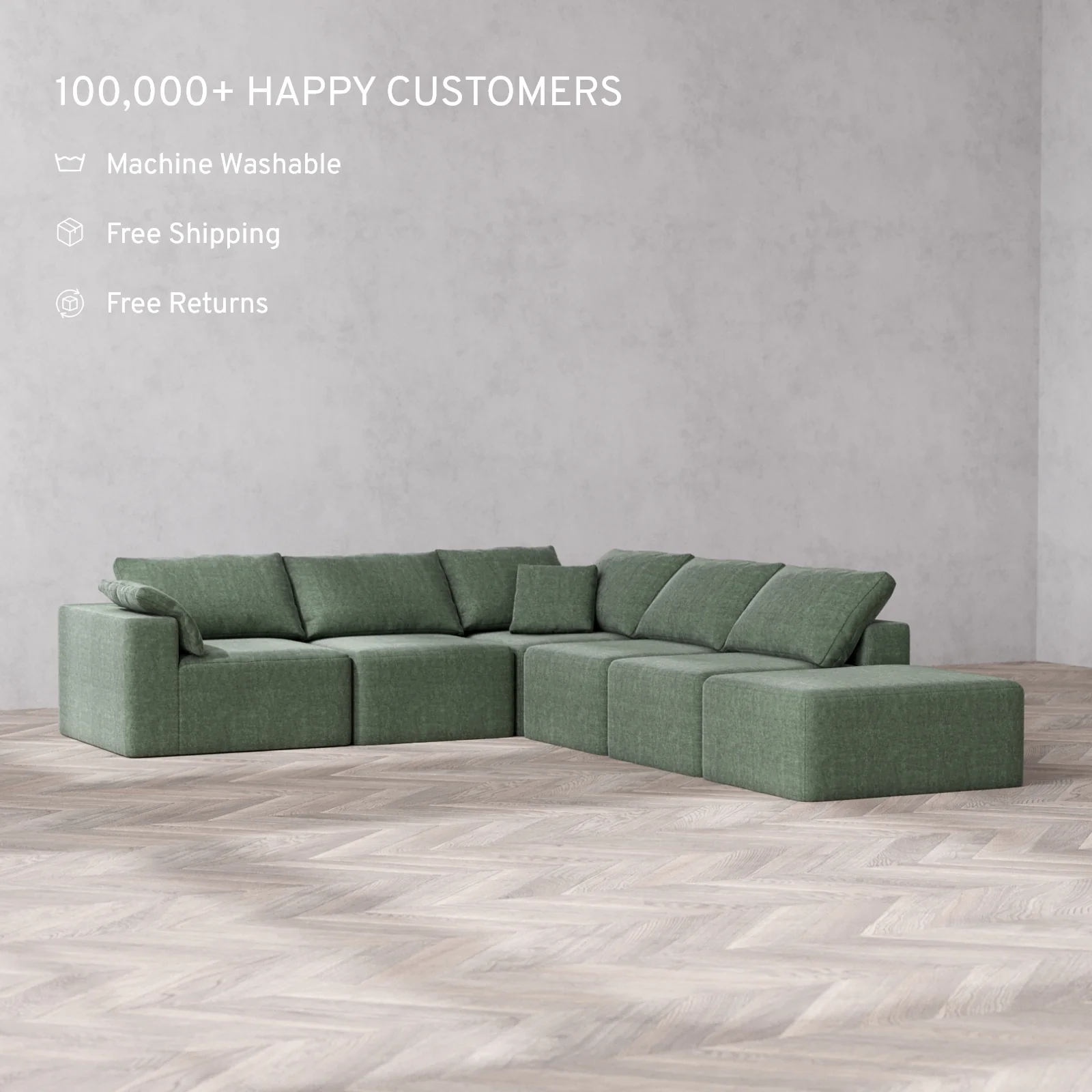 Modular Washable 6-Seater Open End Corner Sectional Cloud Sofa | Left-Facing Arm | Heirloom Velvet in Sage - Image 2