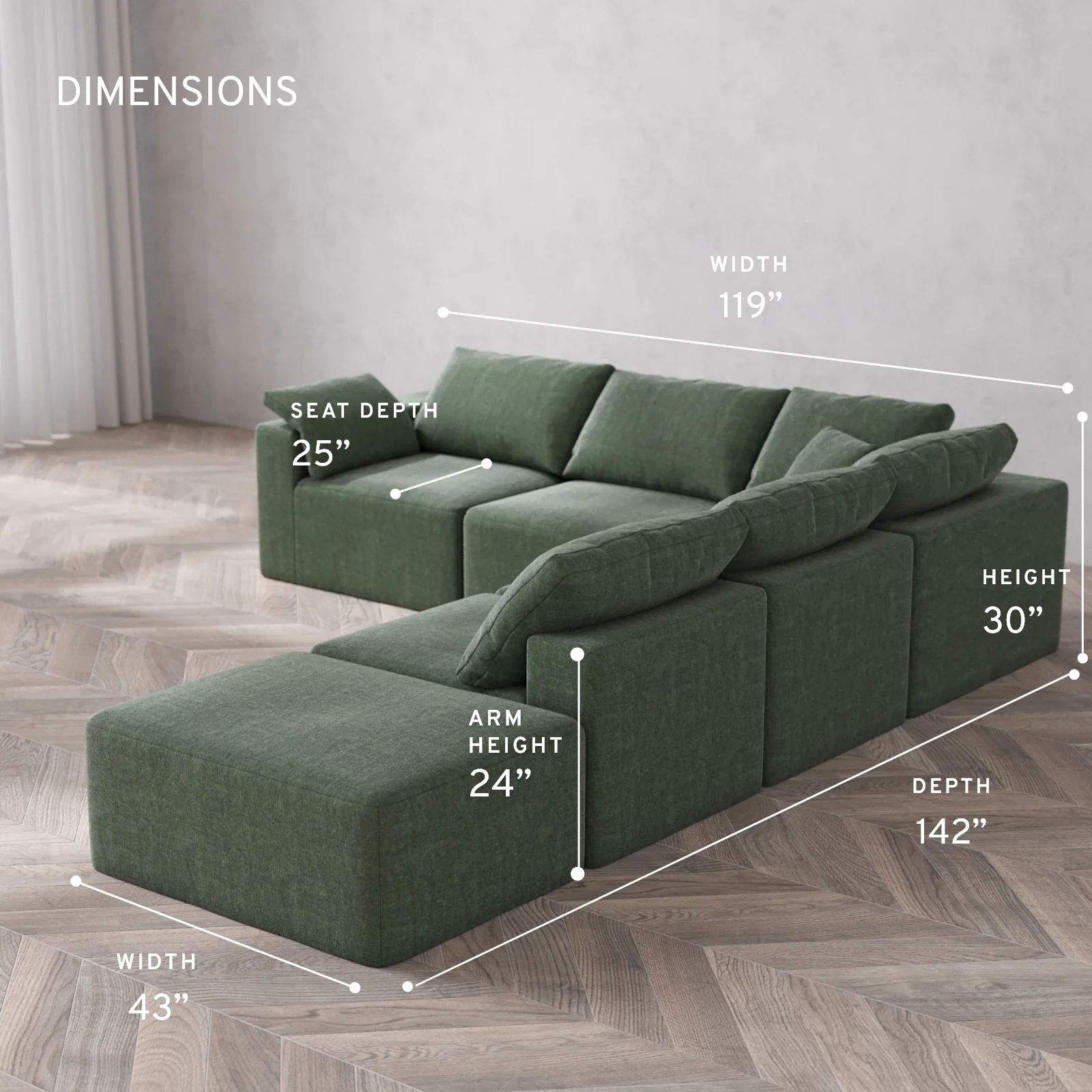 Modular Washable 6-Seater Open End Corner Sectional Cloud Sofa | Left-Facing Arm | Heirloom Velvet in Sage - Image 5