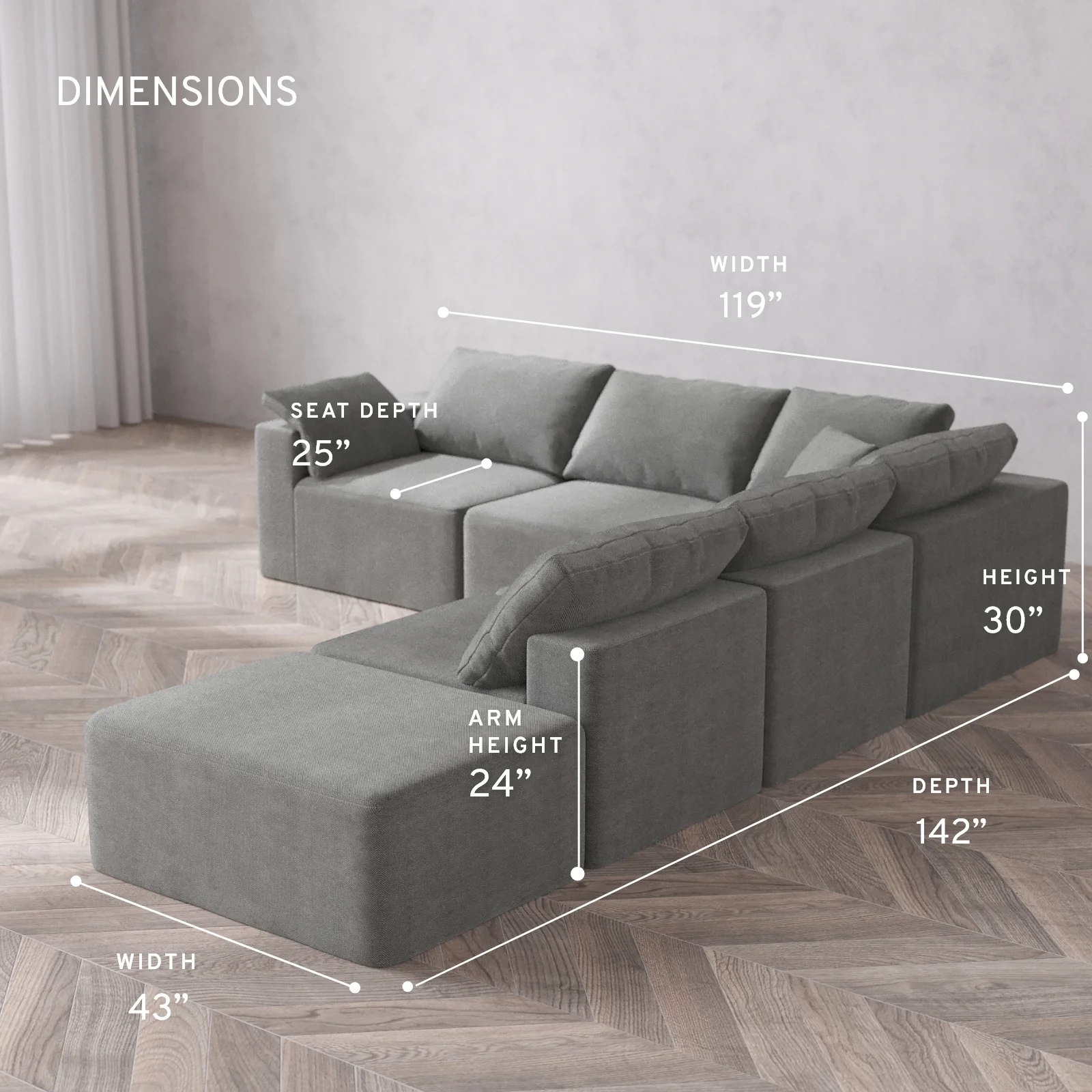 Modular Washable 6-Seater Open End Corner Sectional Cloud Sofa | Left-Facing Arm | Lux Weave in Slate - Image 5