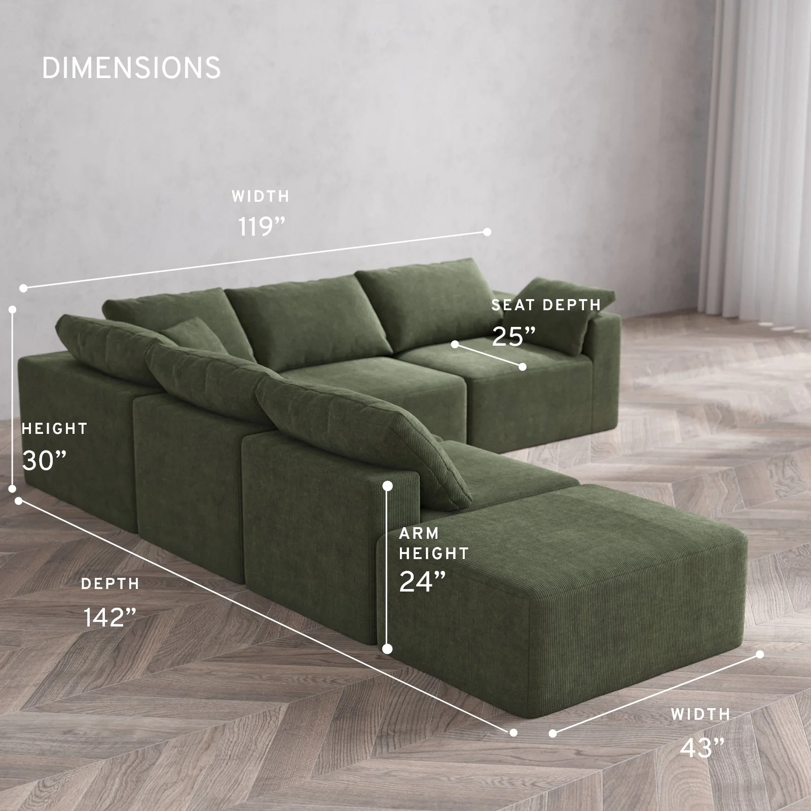 Modular Washable 6-Seater Open End Corner Sectional Cloud Sofa | Right-Facing Arm | Luxe Corduroy in Juniper - Image 5