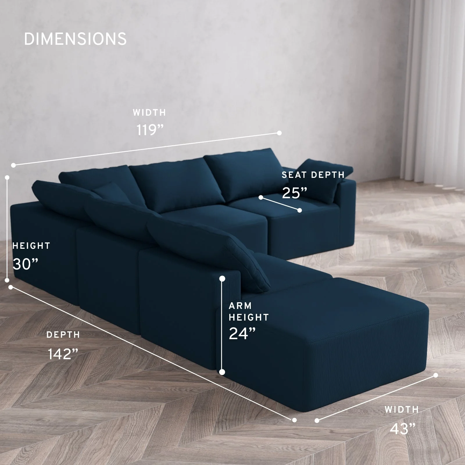 Modular Washable 6-Seater Open End Corner Sectional Cloud Sofa | Right-Facing Arm | Arden Weave in Lazuli - Image 5