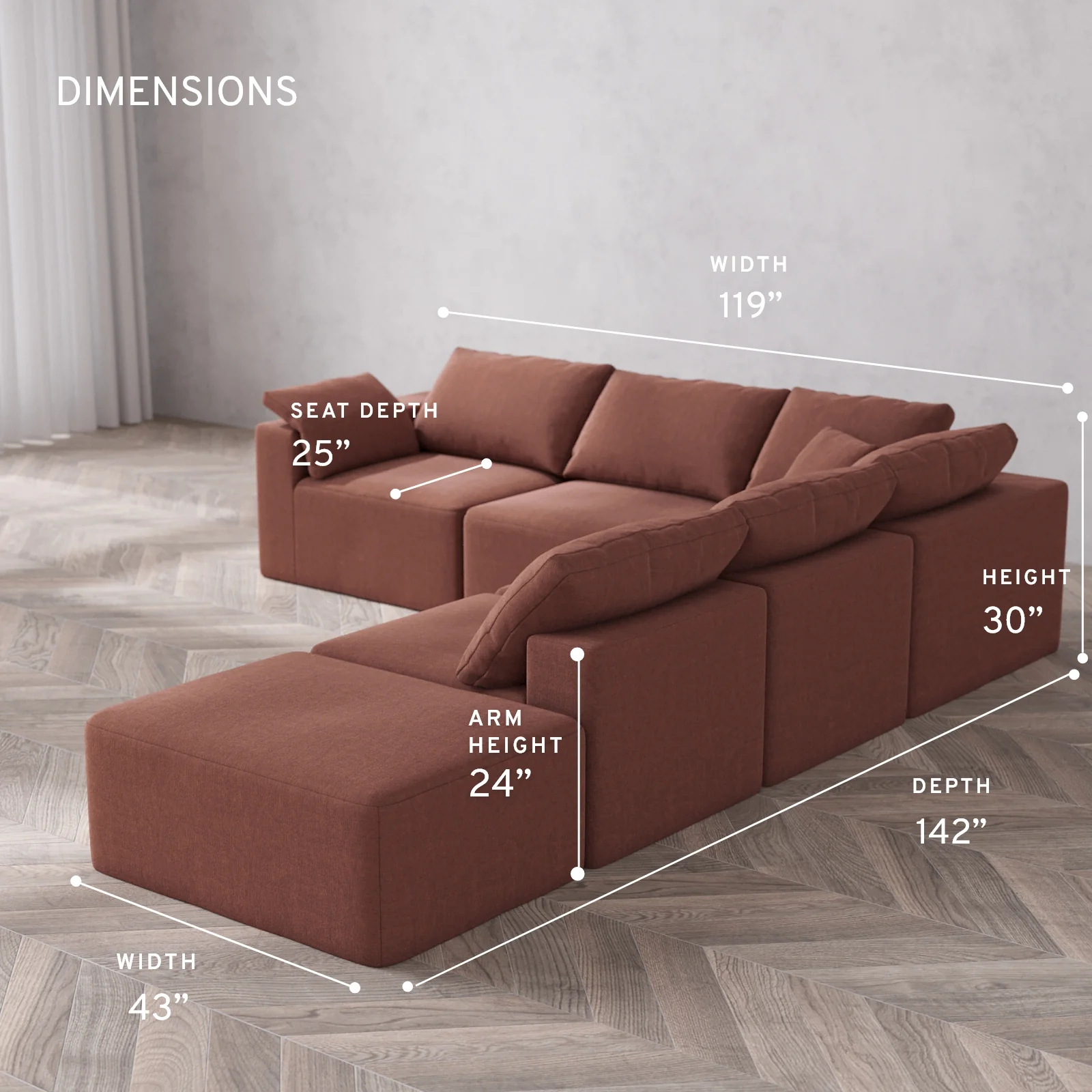 Modular Washable 6-Seater Open End Corner Sectional Cloud Sofa | Left-Facing Arm | Heirloom Velvet in Sumac - Image 5