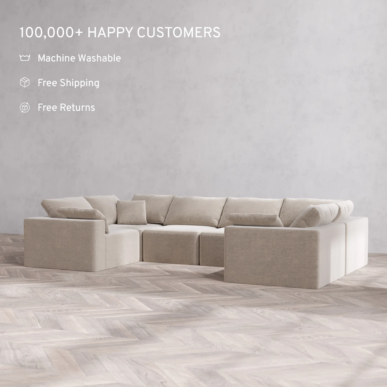Modular Washable 6-Seater U Sectional Cloud Sofa | Satin Velvet in Caraway - Image 2