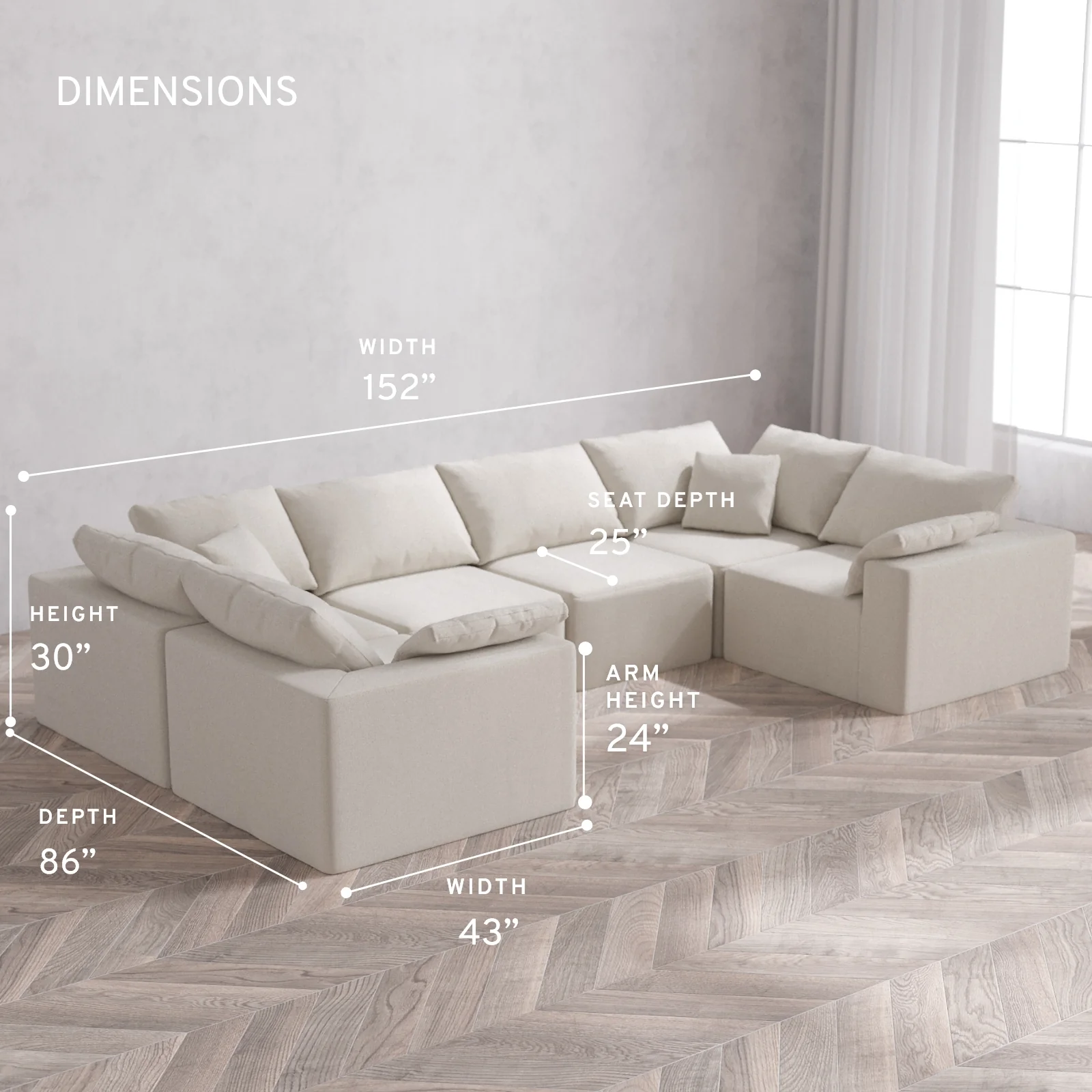 Modular Washable 6-Seater U Sectional Cloud Sofa | Lux Weave in Pearl - Image 5