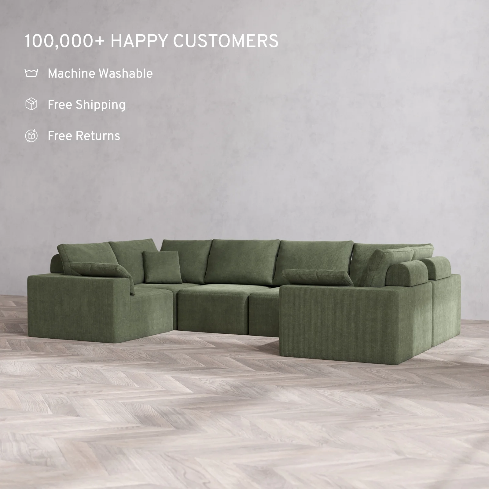 Modular Washable 6-Seater U Sectional Cloud + Bolster Sofa | Luxe Corduroy in Juniper - Image 2