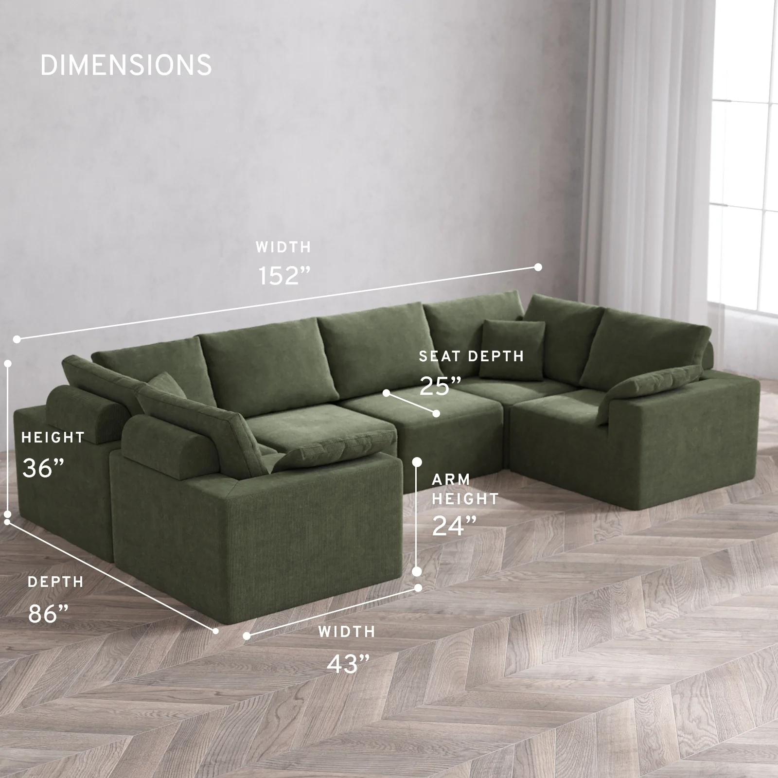 Modular Washable 6-Seater U Sectional Cloud + Bolster Sofa | Luxe Corduroy in Juniper - Image 5