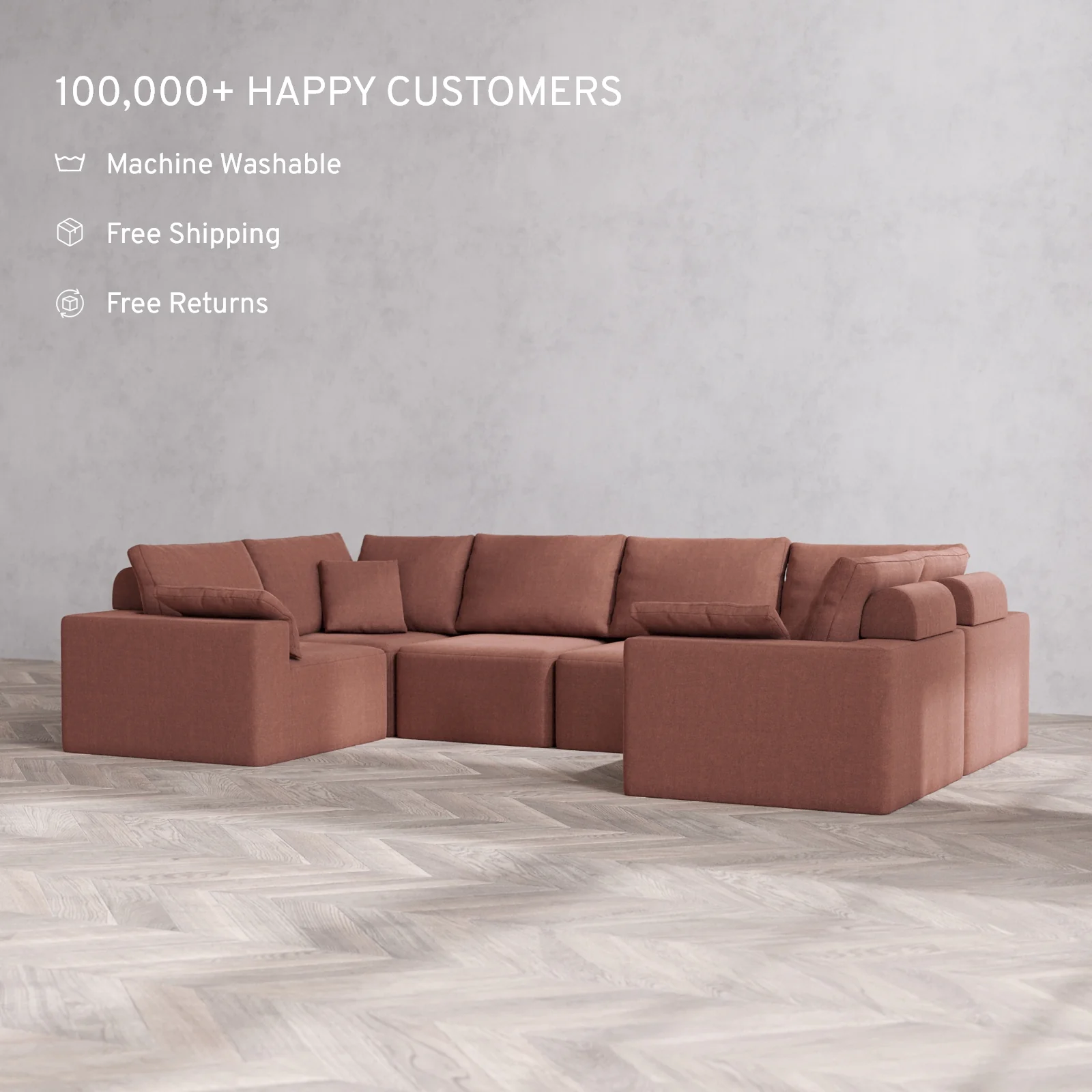 Modular Washable 6-Seater U Sectional Cloud + Bolster Sofa | Heirloom Velvet in Sumac - Image 2