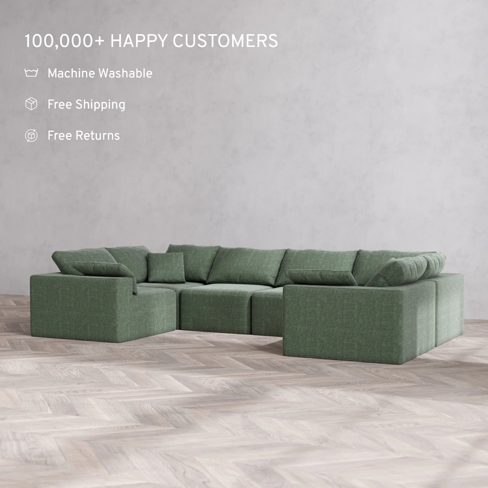 Modular Washable 6-Seater U Sectional Cloud Sofa | Heirloom Velvet in Sage - Image 2