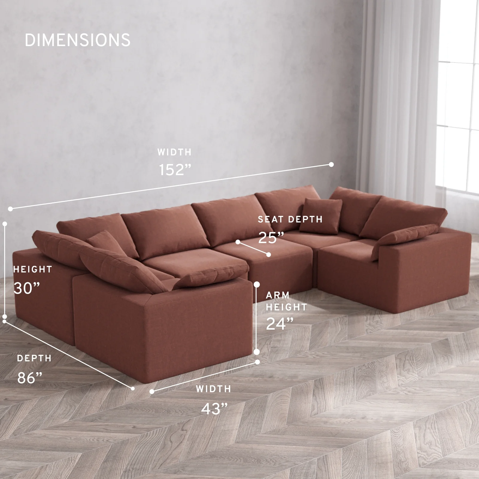 Modular Washable 6-Seater U Sectional Cloud Sofa | Heirloom Velvet in Sumac - Image 5