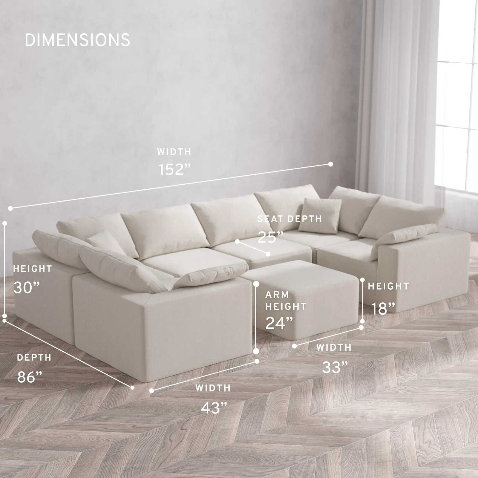 Modular Washable 6-Seater U Sectional + Ottoman Cloud Sofa | Lux Weave in Pearl - Image 5