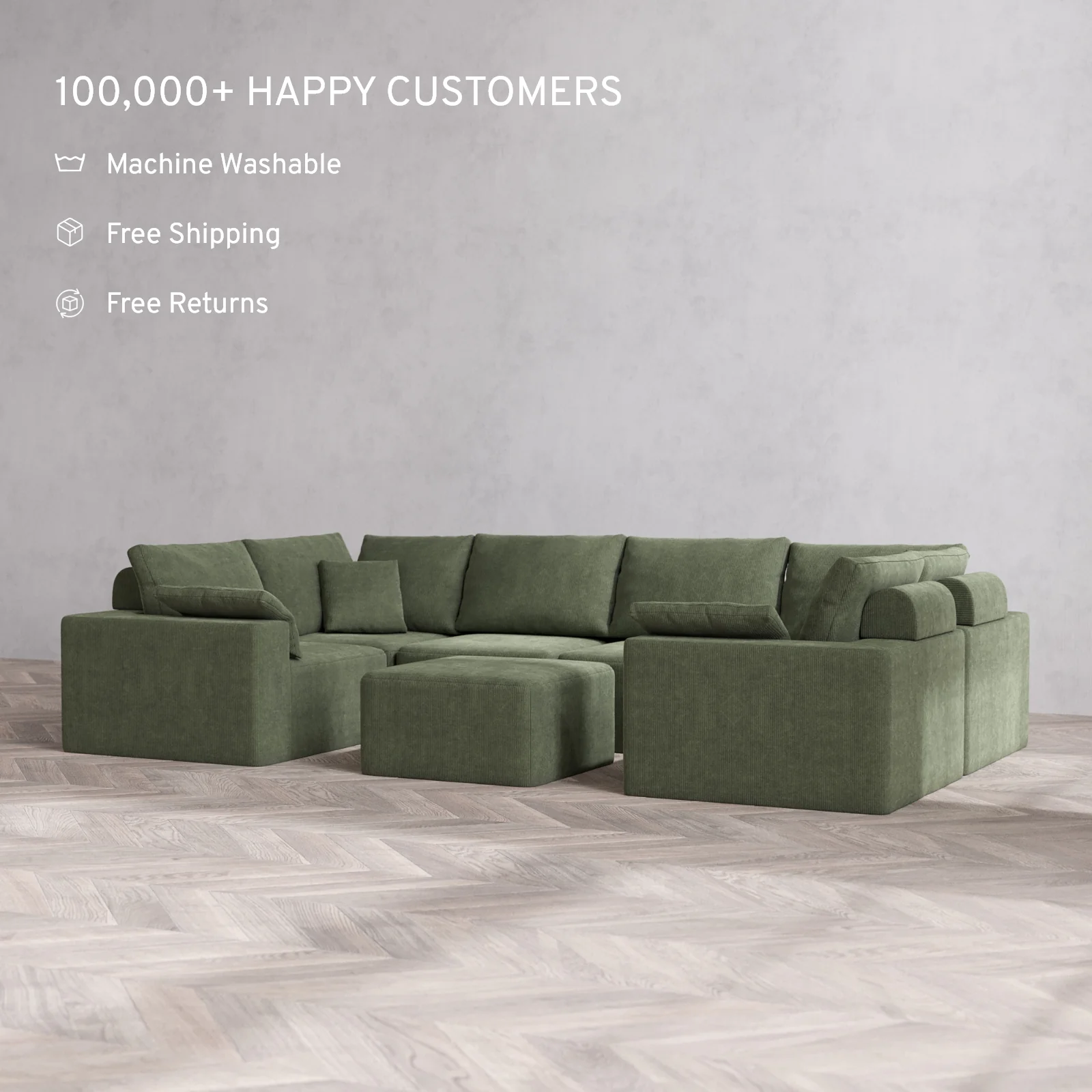 Modular Washable 6-Seater U Sectional + Ottoman Cloud + Bolster Sofa | Luxe Corduroy in Juniper - Image 2