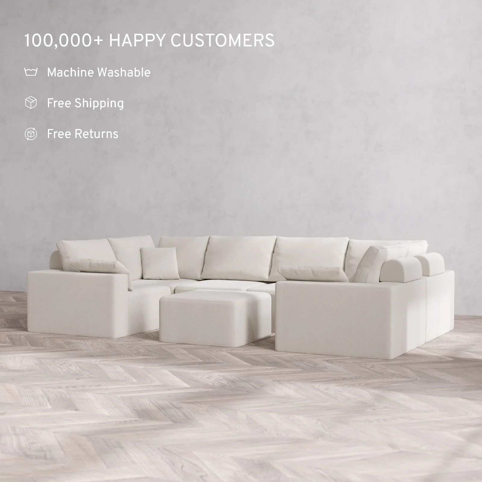Modular Washable 6-Seater U Sectional + Ottoman Cloud + Bolster Sofa | Lux Weave in Pearl - Image 2
