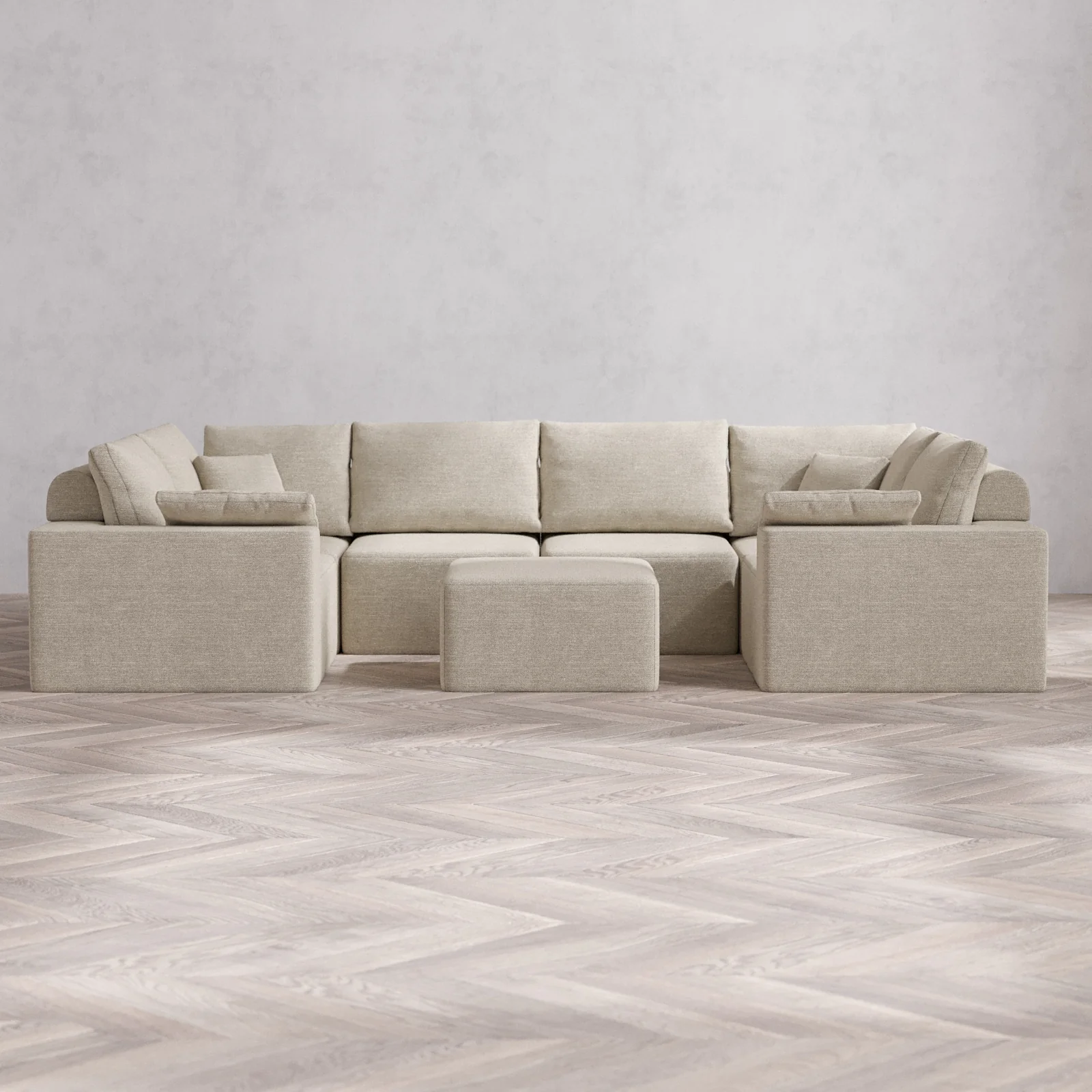 Modular Washable 6-Seater U Sectional + Ottoman Cloud + Bolster Sofa | Plush Twill in Sandstone