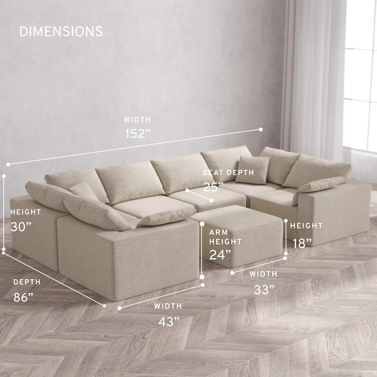 Modular Washable 6-Seater U Sectional + Ottoman Cloud Sofa | Plush Twill in Sandstone - Image 5