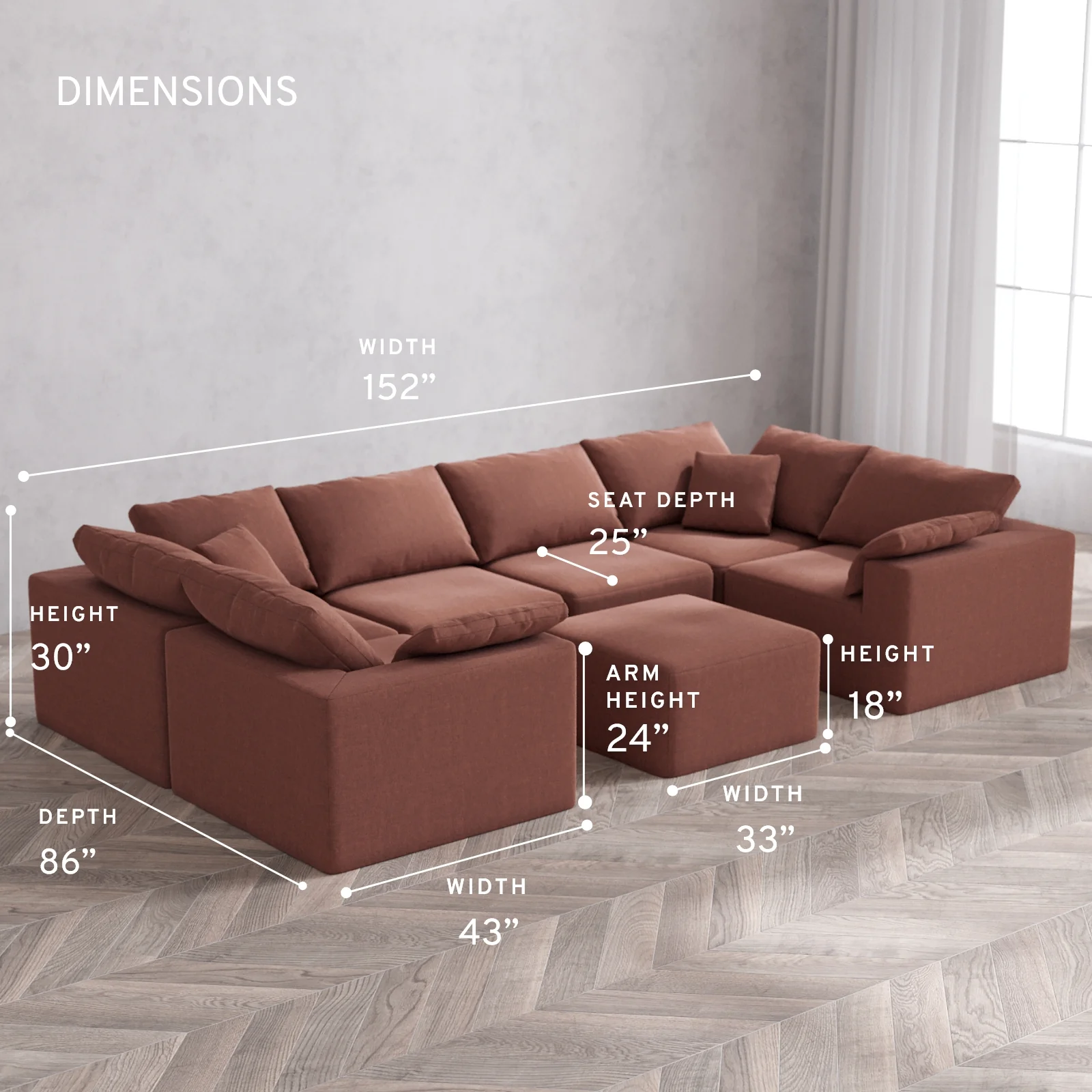 Modular Washable 6-Seater U Sectional + Ottoman Cloud Sofa | Heirloom Velvet in Sumac - Image 5