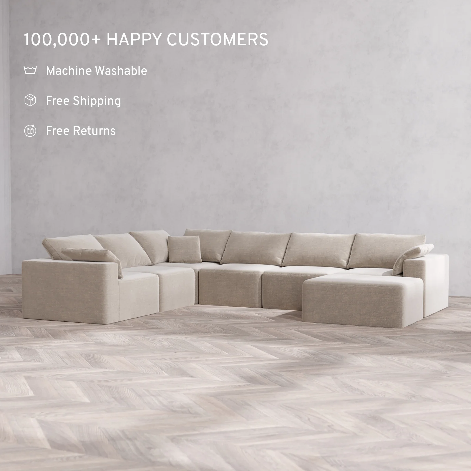 Modular Washable 7-Seater Corner Chaise Sectional Cloud Sofa | Satin Velvet in Caraway - Image 2