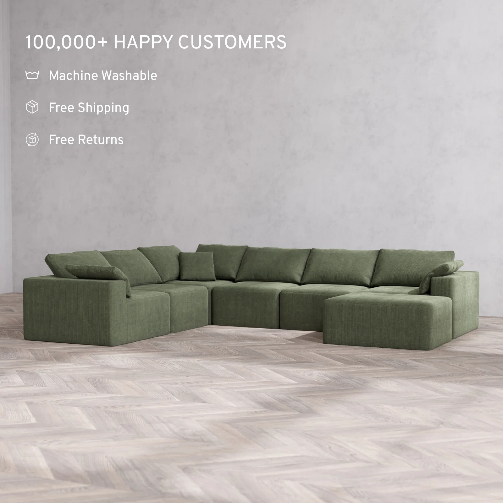 Modular Washable 7-Seater Corner Chaise Sectional Cloud Sofa | Luxe Corduroy in Juniper - Image 2