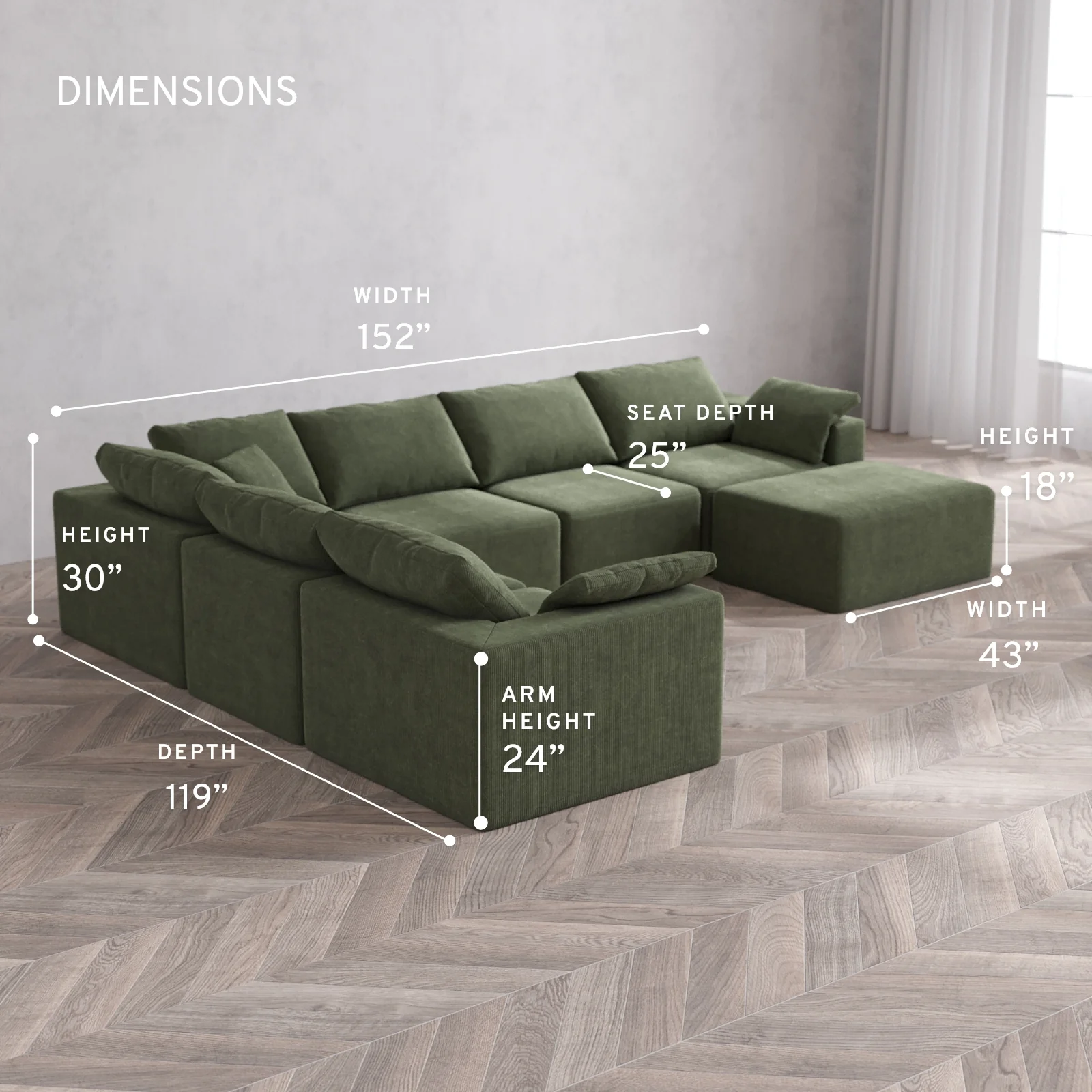 Modular Washable 7-Seater Corner Chaise Sectional Cloud Sofa | Luxe Corduroy in Juniper - Image 5