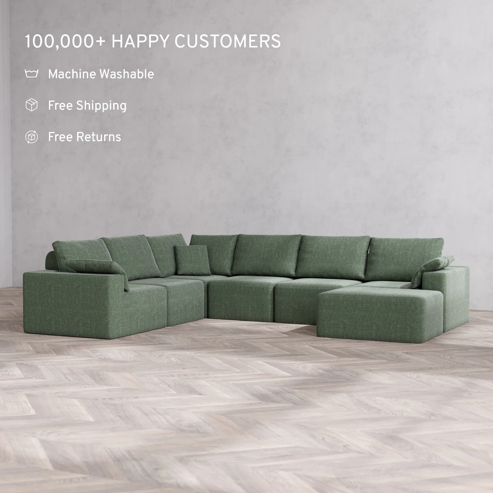 Modular Washable 7-Seater Corner Chaise Sectional Cloud + Bolster Sofa | Heirloom Velvet in Sage - Image 2
