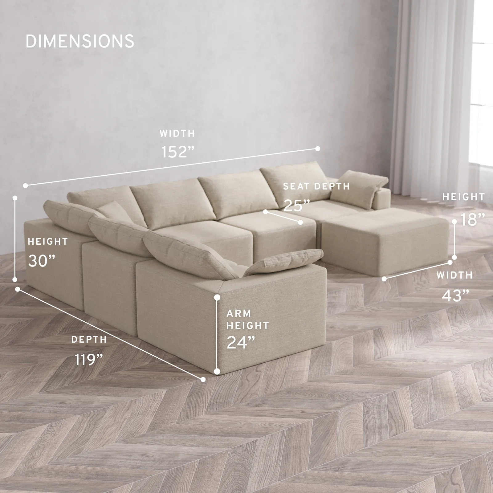 Modular Washable 7-Seater Corner Chaise Sectional Cloud Sofa | Plush Twill in Sandstone - Image 5