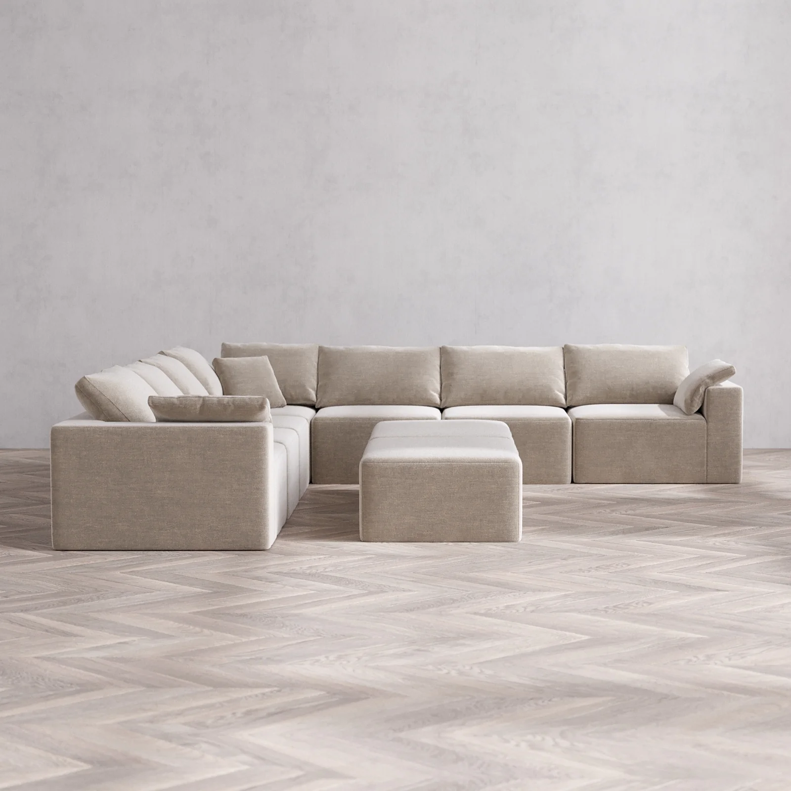 Modular Washable 7-Seater Corner Sectional + Chaise Ottoman Bench Cloud Sofa | Satin Velvet in Caraway