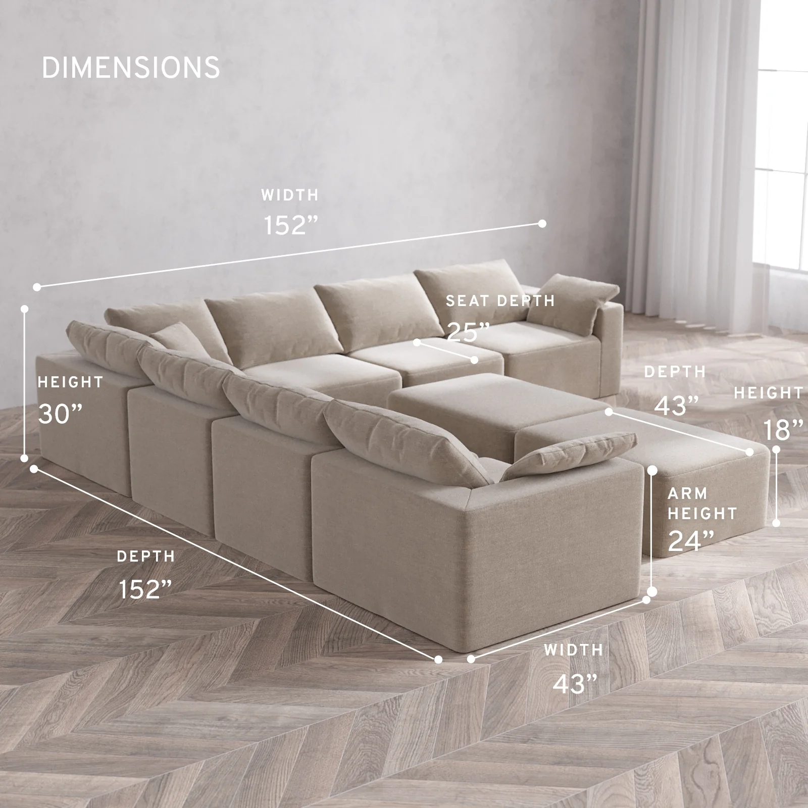Modular Washable 7-Seater Corner Sectional + Chaise Ottoman Bench Cloud Sofa | Satin Velvet in Caraway - Image 5